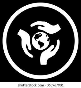 Global Care vector icon. Style is flat circled symbol, white color, rounded angles, black background.
