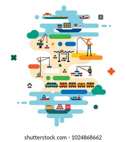 Global cargo logistics concept. Sea delivery with freight ships, port and freight cranes. Rail transportation. Flat infographics. Cartoon illustration.