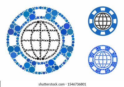Global casino chip composition of spheric dots in variable sizes and color hues, based on global casino chip icon. Vector dots are combined into blue composition.