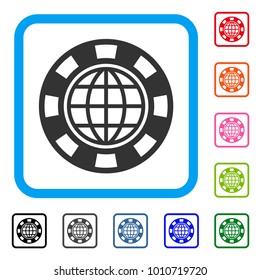 Global Casino Chip icon. Flat gray iconic symbol inside a blue rounded rectangle. Black, gray, green, blue, red, orange color variants of global casino chip vector.