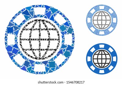 Global casino chip mosaic of bumpy pieces in variable sizes and shades, based on global casino chip icon. Vector bumpy pieces are united into collage.