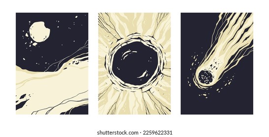 Global cataclysm posters. Natural disaster scenes, volcanic eruption earth quake falling meteorite. Vector illustration