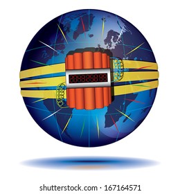 Global catastrophe concept: Blue Globe and dynamite with countdown timer on it. Vector illustration isolated on white background.