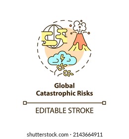 Global Catastrophic Risks Concept Icon. Nature Disaster. Risks To Food Security Abstract Idea Thin Line Illustration. Isolated Outline Drawing. Editable Stroke. Arial, Myriad Pro-Bold Fonts Used