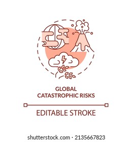 Global Catastrophic Risks Red Concept Icon. Nature Disaster. Risks To Food Security Abstract Idea Thin Line Illustration. Isolated Outline Drawing. Editable Stroke. Arial, Myriad Pro-Bold Fonts Used