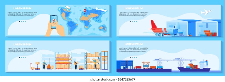 Global chain supply, logistic delivery service vector illustration. Cartoon flat infographic cargo shipment banner collection with worldwide delivering management, shipping by ship, air concept set