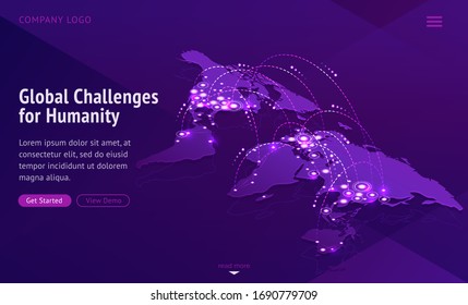 Global challenges for humanity. International problems news. Vector world map showing connect countries, contagious disease spread, network of global economy. Viral pandemic, infection transmission