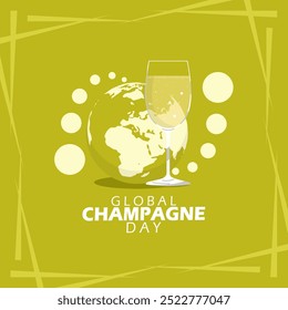 Global Champagne Day celebrates on fourth Friday in October. Glass of champagne with globe on olive yellow background. Event drink banner.