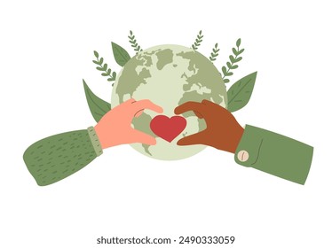 Emblema de caridad global. Planeta Tierra con corazón y manos diversas aisladas sobre fondo blanco. Ilustración plana de Vector.