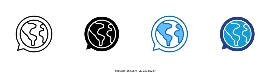 Global Chat Multiple Style Icon Design Vector - Sprachblase mit einer Weltkarte, die weltweite Kommunikation oder globale Diskussionen repräsentiert