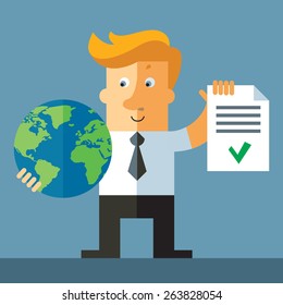 Global check.  Business man hold OK check list and earth globe. Flat vector illustration.