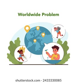 Global child labor issue. Child labor as pervasive global issue, with icons representing varied work children are forced into. Fight for kids rights and freedom. Flat vector illustration