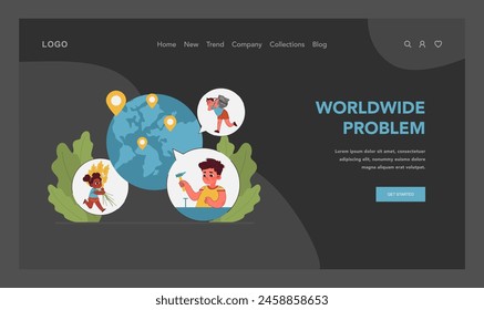 Global child labor issue. Child labor as pervasive global issue, with icons representing varied work children are forced into. Fight for kids rights and freedom. Flat vector illustration