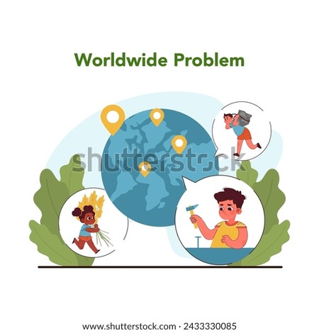 Global child labor issue. Child labor as pervasive global issue, with icons representing varied work children are forced into. Fight for kids rights and freedom. Flat vector illustration