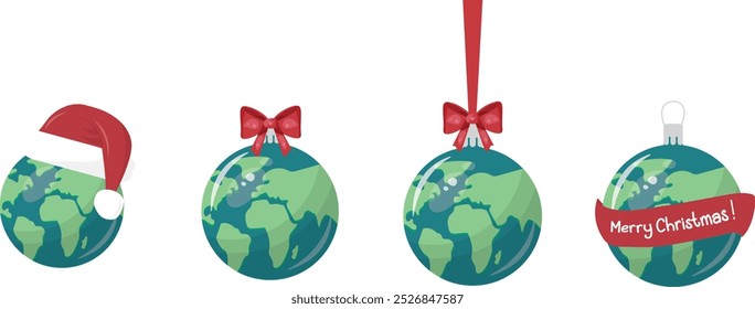 Ornamentos de Navidades globales. Ilustración de Colección de adornos de tierra. Conjunto de cuatro adornos de Navidades de globo terráqueo festivos que simbolizan la celebración mundial y la unidad global durante la temporada