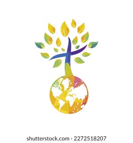 Global church vector logo design template. Globe with cross tree vector icon.