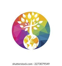 Plantilla de diseño del logo del vector de la iglesia global. Globo con icono de vector de árbol cruzado.