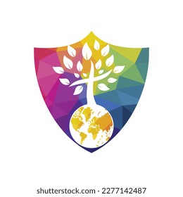 Plantilla de diseño del logo del vector de la iglesia global. Globo con icono de vector de árbol cruzado.