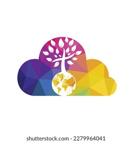 Plantilla de diseño del logo del vector de la iglesia global. Globo con icono de vector de árbol cruzado.