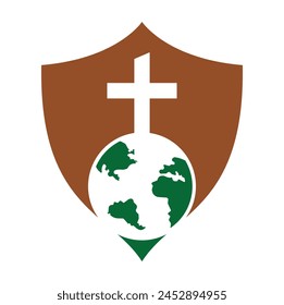 Global church vector logo design template. Globe with cross vector icon.
