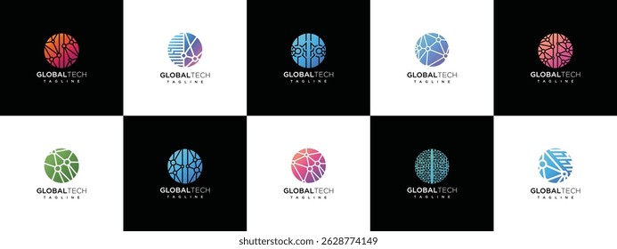 Colección de concepto de Vector de diseño de logotipo de tecnología de círculo global. Icono de símbolo de logotipo de tecnología global. Logotipo de la Tecnología
