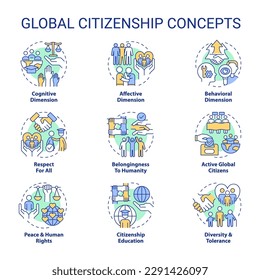 Global citizenship concept icons set. Inclusive society. Sustainable development idea thin line color illustrations. Isolated symbols. Editable stroke. Roboto-Medium, Myriad Pro-Bold fonts used