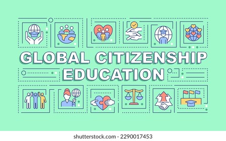 Global citizenship education word concepts green banner. Civic learning. Infographics with editable icons on color background. Isolated typography. Vector illustration with text. Arial-Black font used