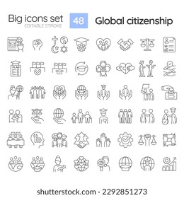 Global citizenship linear icons set. Sustainable development. Peaceful planet. GCED issues. Common humanity. Customizable thin line symbols. Isolated vector outline illustrations. Editable stroke