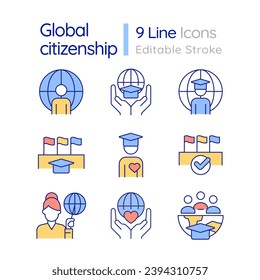 Global citizenship RGB color icons set. Responsive citizens. Sustainable development. Civil society. Isolated vector illustrations. Simple filled line drawings collection. Editable stroke