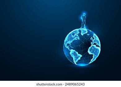 Global citizenship, unity, humanity's shared responsibility for planet futuristic concept with man standing on planet Earth on dark blue background. Glowing low polygonal style. Vector illustration