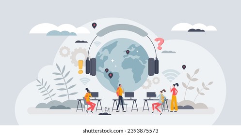 Global classroom experience with international school tiny person concept. Online learning from abroad for academic study vector illustration. Multicultural group using internet for online education.