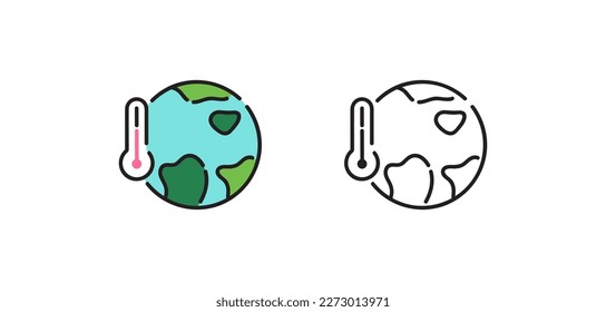 Global climate change. Vector isolated icons. Black and color vector planet Earth with thermometer sign icon isolated outline symbol with editable stroke.