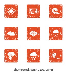 Global climate warming icons set. Grunge set of 9 global climate warming vector icons for web isolated on white background