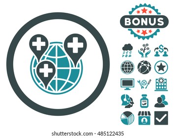 Global Clinic Company icon with bonus design elements. Vector illustration style is flat iconic bicolor symbols, soft blue colors, white background.