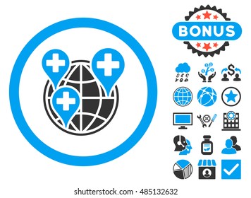 Global Clinic Company icon with bonus pictogram. Vector illustration style is flat iconic bicolor symbols, blue and gray colors, white background.