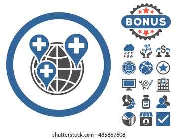 Global Clinic Company icon with bonus elements. Vector illustration style is flat iconic bicolor symbols, cobalt and gray colors, white background.