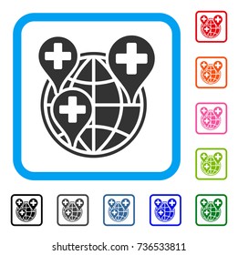 Global Clinic Company icon. Flat grey iconic symbol in a light blue rounded frame. Black, gray, green, blue, red, orange color versions of Global Clinic Company vector.