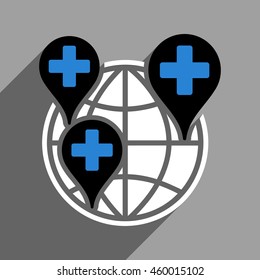 Global Clinic Company long shadow vector icon. Style is a flat global clinic company black and white iconic symbol on a gray square background.
