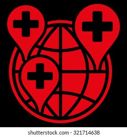 Global Clinic Company vector icon. Style is flat symbol, red color, rounded angles, black background.