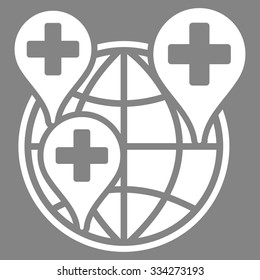 Global Clinic Company vector icon. Style is flat symbol, white color, rounded angles, gray background.