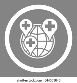 Global Clinic Company vector icon. Style is flat rounded symbol, white color, rounded angles, gray background.