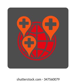 Global Clinic Company vector icon. Style is flat rounded square silver button with red symbol, white background.