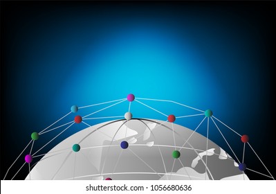 Global close up network connection international link technology business concept vector illustrations. worldwide web communication net globe map on dark blue background with spotlight and copy space