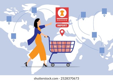 Ilustración vectorial plana 2d de la importación y de las compras al por menor global de la ropa