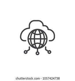 Global Cloud computing outline icon. linear style sign for mobile concept and web design. Earth globe and network cloud simple line vector icon. Symbol logo illustration. Pixel perfect vector graphics