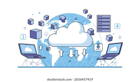 Global cloud computing services data transfer and storage network architecture illustrating internet technology solutions and digital information exchange