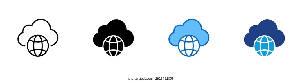 Global Cloud Network Multiple Style Icon Design Vector - Cloud overlapping globe representing global cloud hosting, worldwide internet infrastructure, and international network connectivity