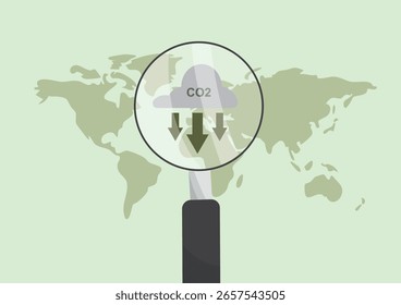 Emisiones globales de CO2. Mapa mundial con lupa enfocado a las emisiones de CO2 en la nube. Análisis global de dióxido de carbono e investigación climática internacional. Concepto de huella de carbono. Ilustración vectorial
