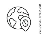 Global coffee icon in line design. world coffee supply location beans map on white background vector. global coffee editable stroke icon