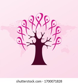 Colaboración global de la conciencia del cáncer de mama hermosa composición conceptual de árbol con símbolos de cinta rosada en fondo rosa y mapa mundial de ilustración vectorial.